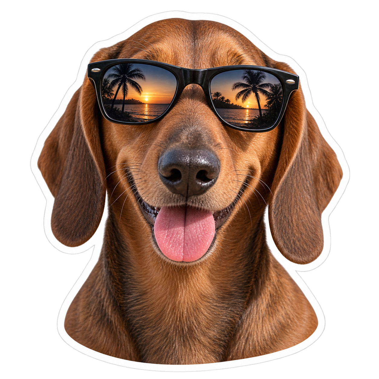 Sticker of a dachshund wearing black sunglasses with its tongue out