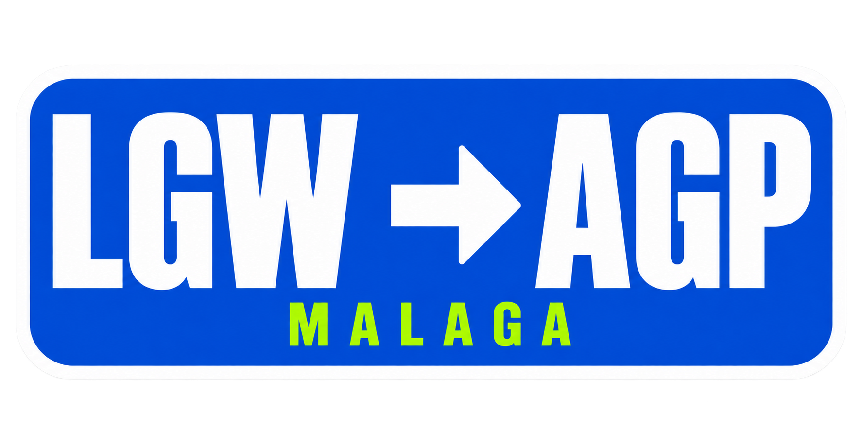 Sticker reading LGW, an arrow, then AGP, with MALAGA underneath, on blue