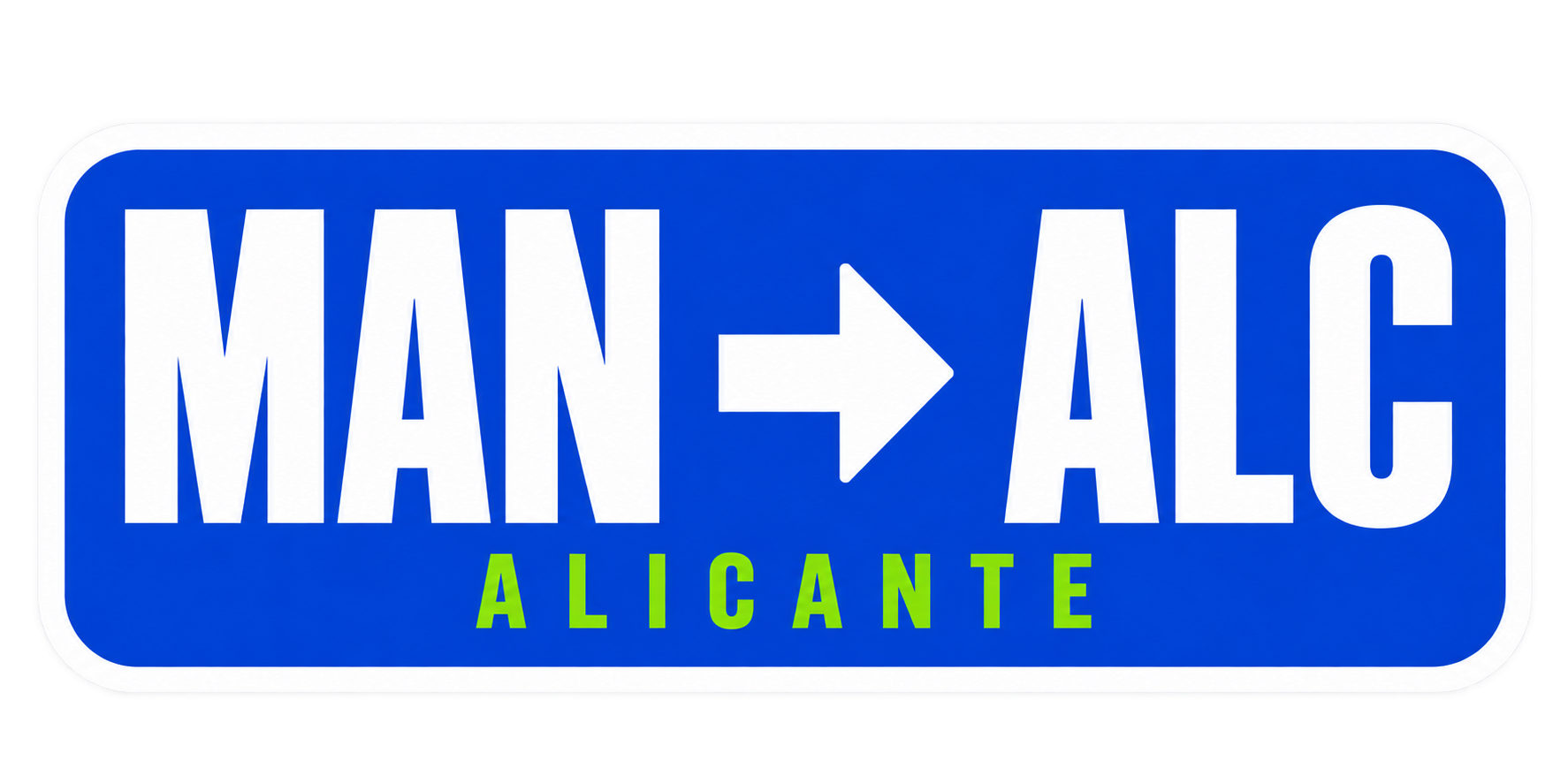 Sticker reading MAN, an arrow, then ALC, with ALICANTE underneath, on blue