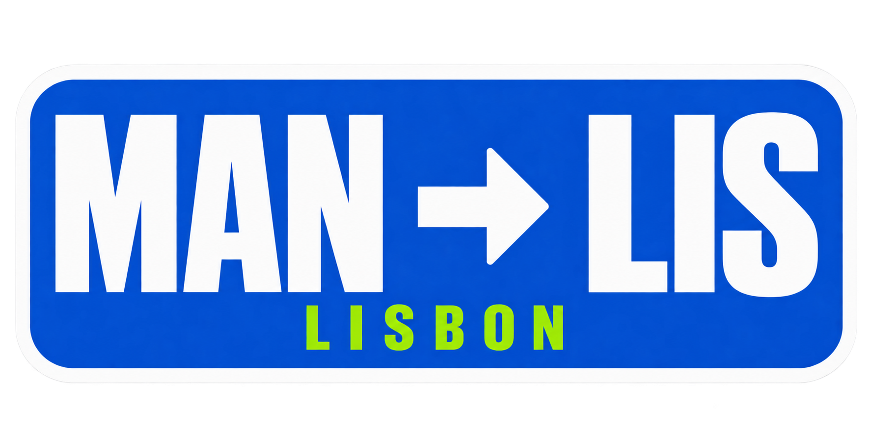 Sticker reading MAN, an arrow, then LIS, with LISBON underneath, on blue