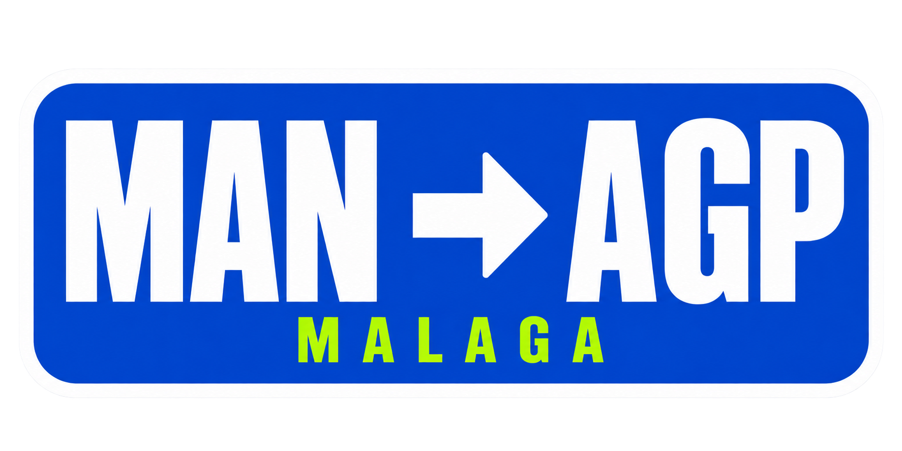 Sticker reading MAN, an arrow, then AGP, with MALAGA underneath, on blue