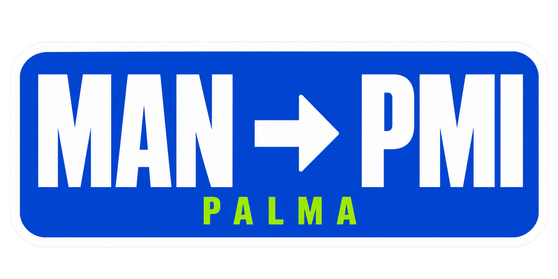 Sticker reading MAN, an arrow, then PMI, with PALMA underneath, on blue