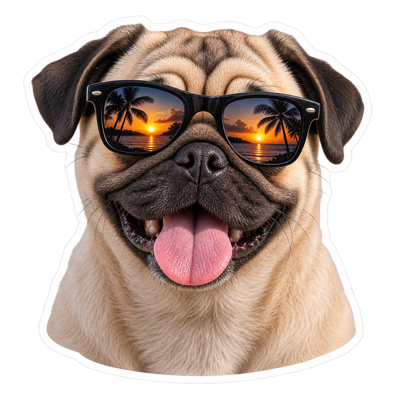 Sticker of a pug wearing black sunglasses with its tongue out