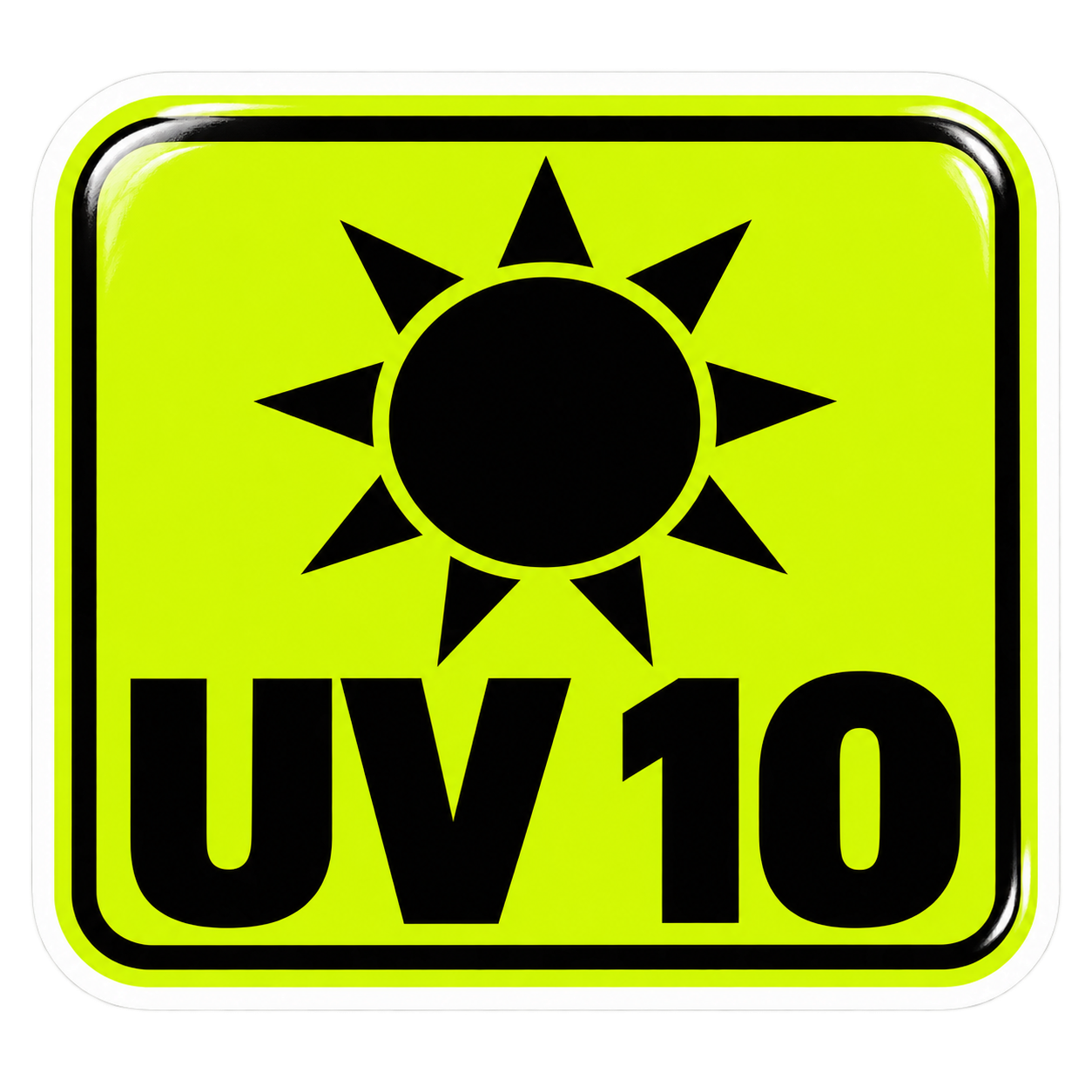 Warning-label sticker reading UV 10 with a black sun symbol
