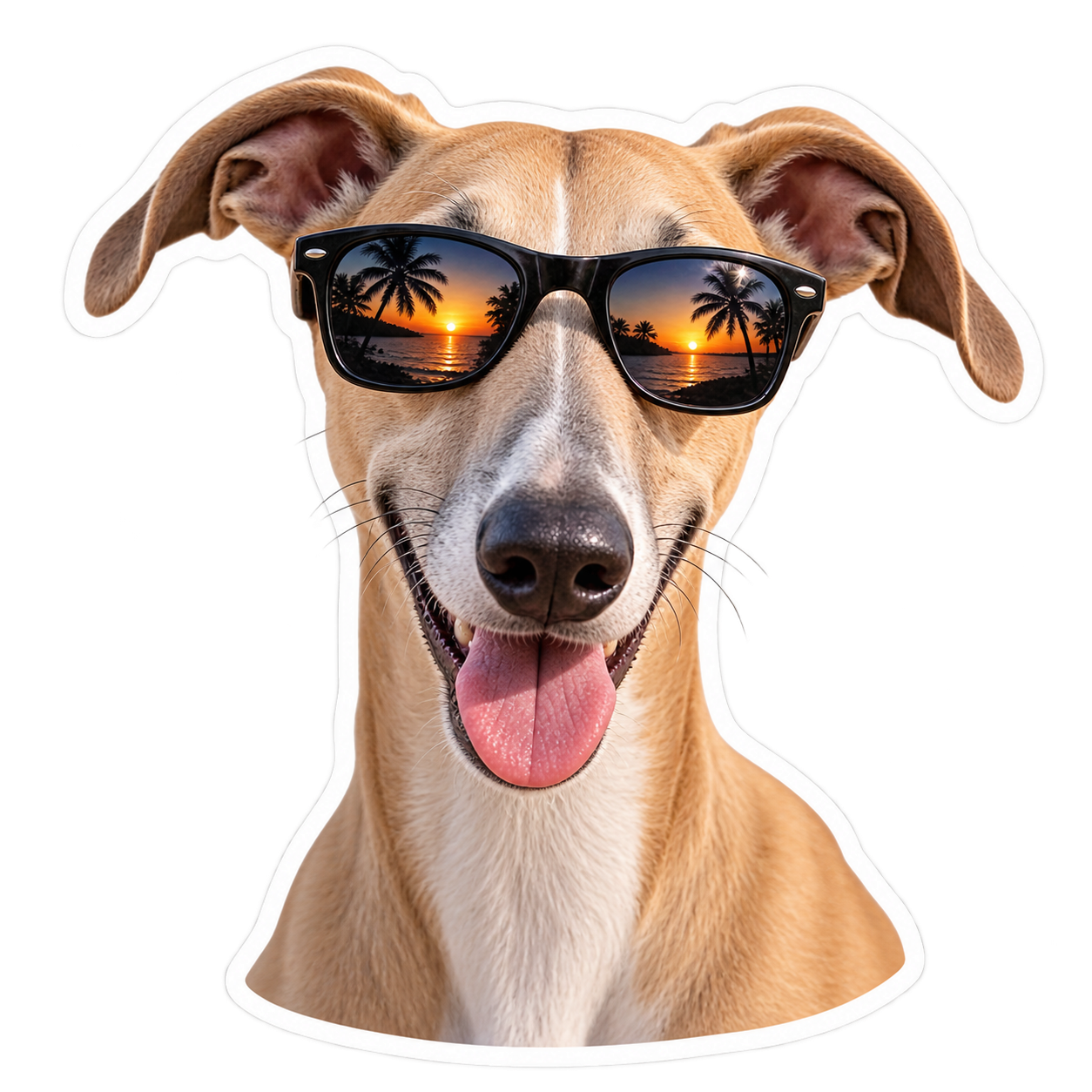 Sticker of a whippet wearing black sunglasses with its tongue out