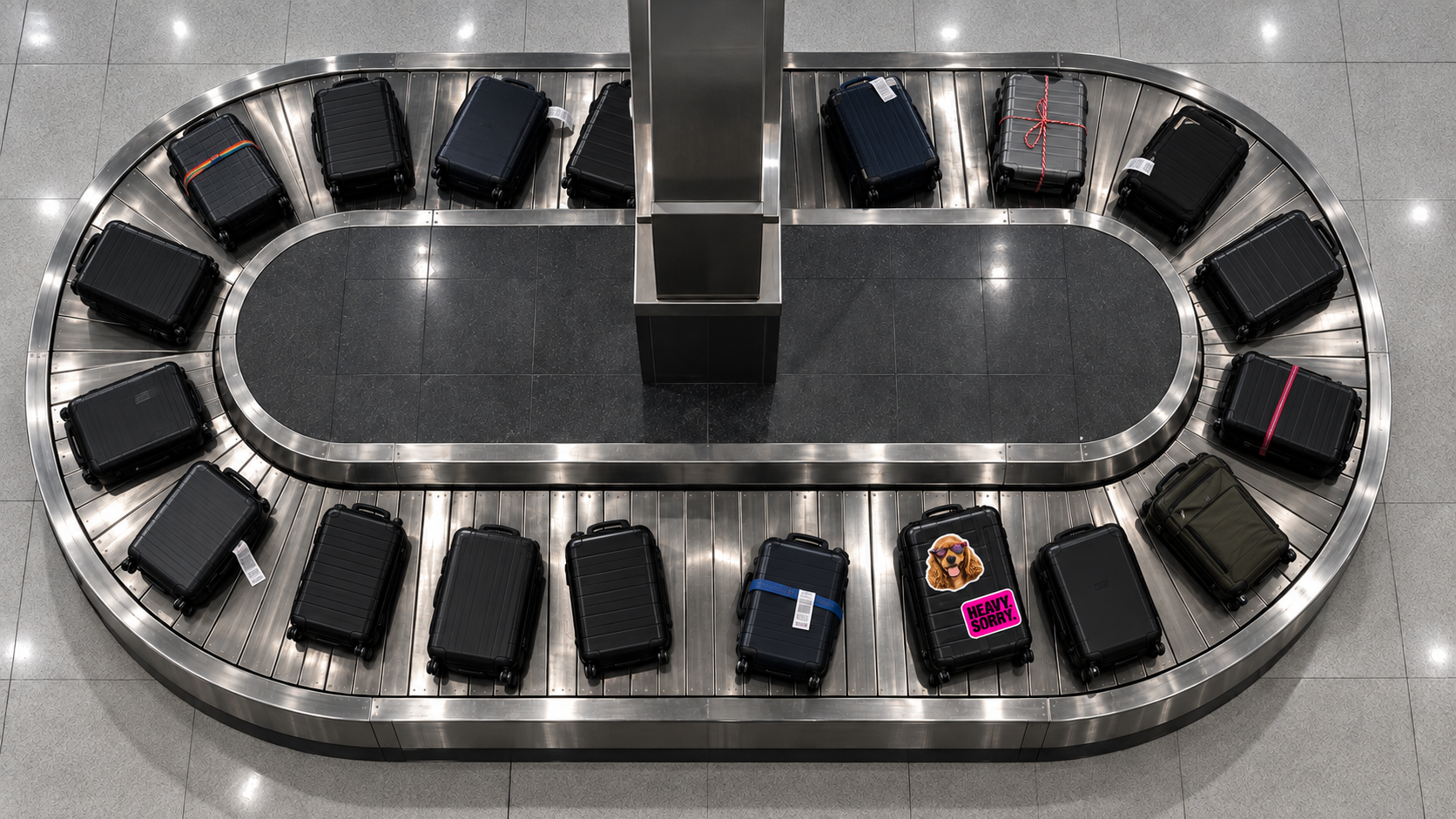 A ring of identical black suitcases on an airport carousel, one of them covered in bright stickers
