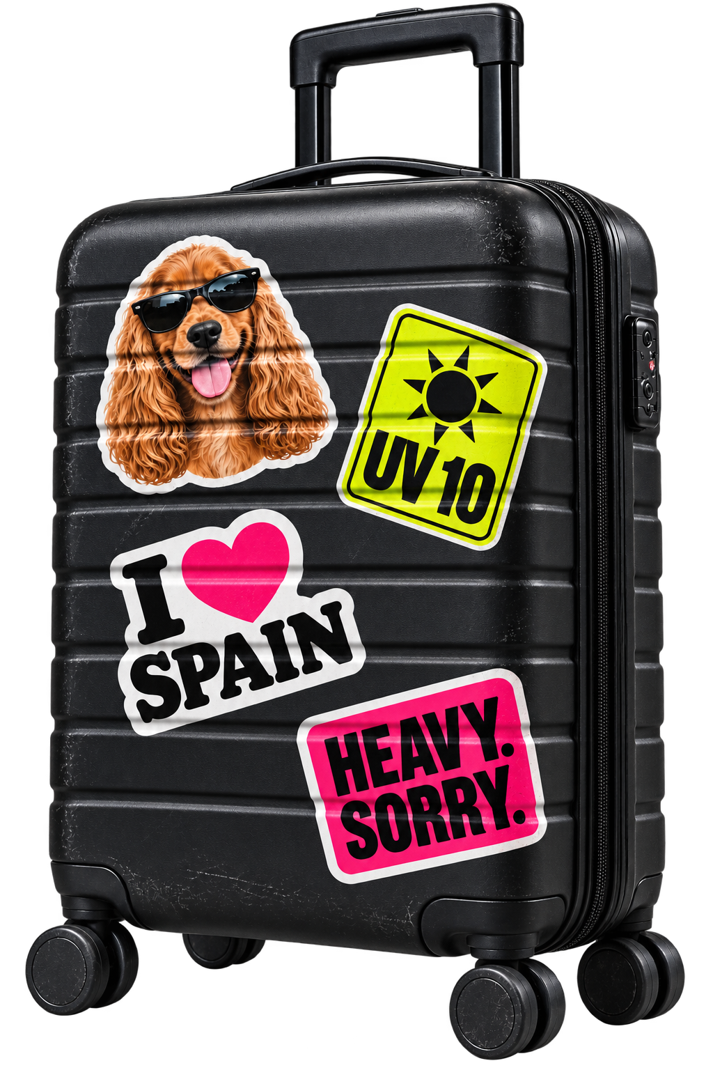 A black cabin suitcase covered in bright Spot My Bag stickers